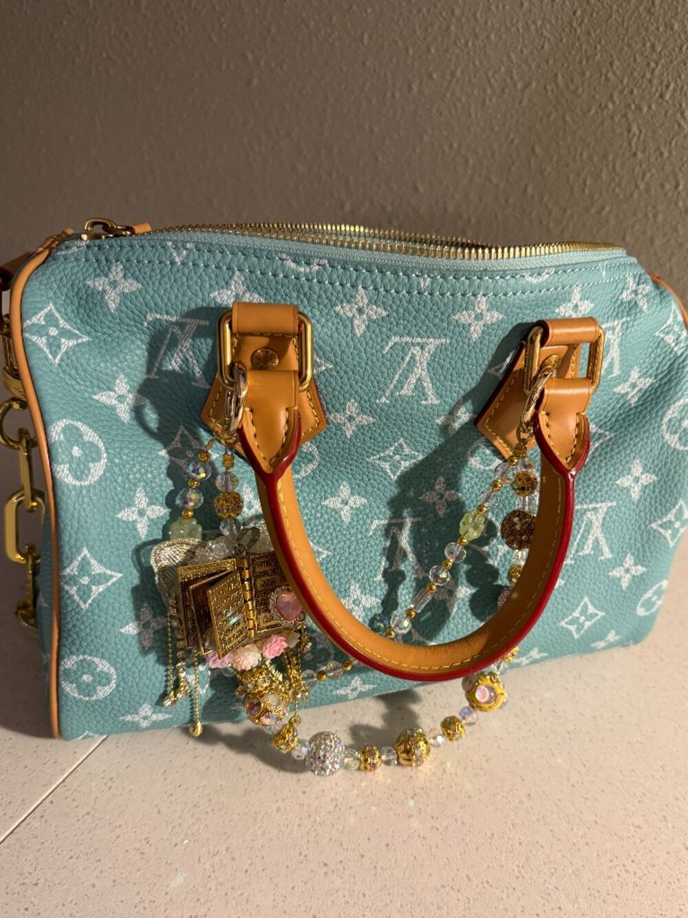 STUNNING GENUINE Calfskin Turquoise Fashion Monogram Satchel w/Pouch & Dustbag!